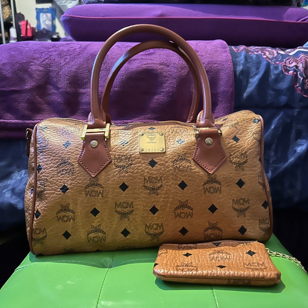 Authentic MCM Brown Logo Satchel with Pouch